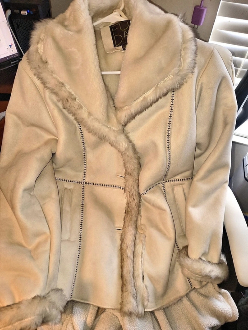 Fuda Faux Fur Trim Jacket in Cream Like New M